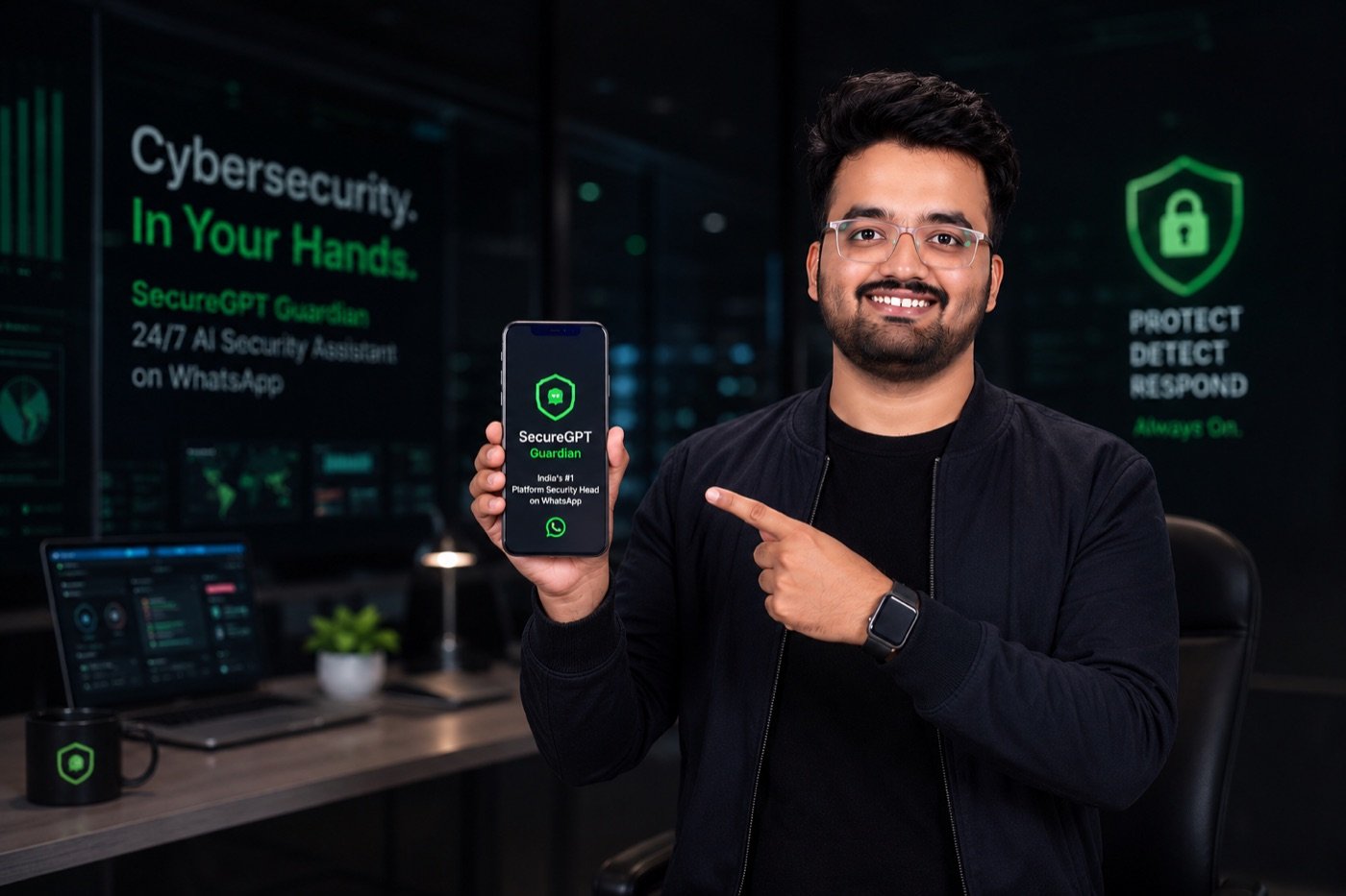 SecureArk founder presenting SecureGPT Guardian — the 24/7 AI security assistant on WhatsApp — on a smartphone, in front of a live security operations display.